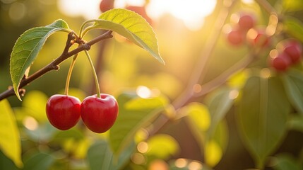 Cherries On Branch In Sunlight
