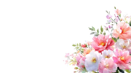 Fototapeten Watercolor floral corner border with pink and white peonies, roses, and greenery on white background. © PPS