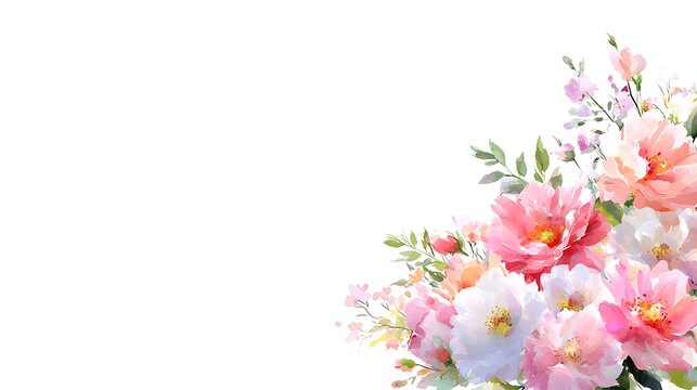 Fototapeta Watercolor floral corner border with pink and white peonies, roses, and greenery on white background.