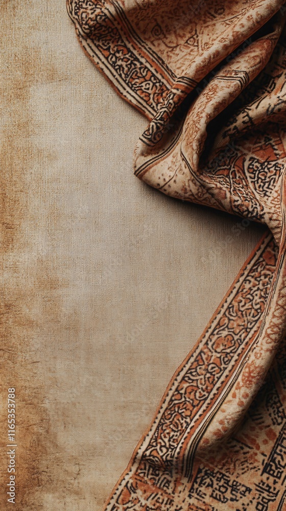 Poster elegant brown fabric with oriental design lying on textured surface