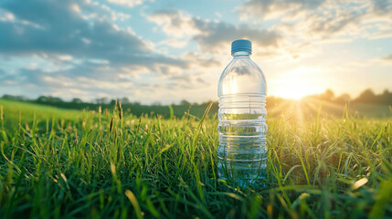 Bright sunlight shining on a clear bottle of water resting on a lush grassy hill under a beautiful sky with tranquil clouds