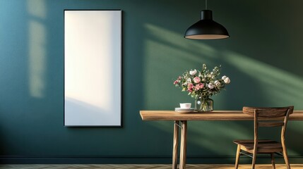 Fresh flowers and chair highlight blank sign on dark green wall