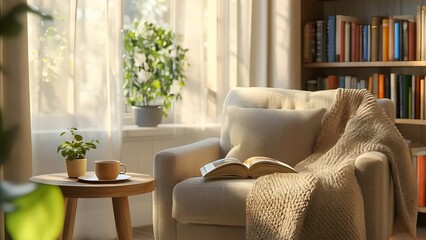 Soft daylight streaming across intimate reading corner, highlighting well worn book, textured knit throw, ceramic mug, trailing greenery near wooden bookshelf. Concept cozy home