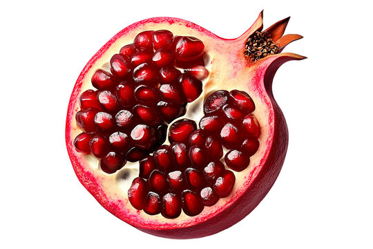 Halved pomegranate showing juicy red seeds and vibrant details, isolated on white transparent background, concept of freshness and nutrition
