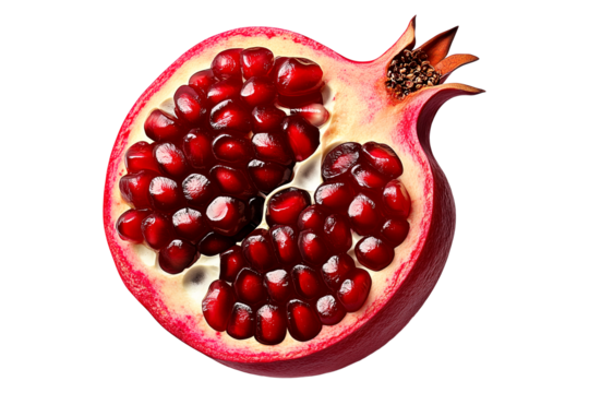Halved pomegranate showing juicy red seeds and vibrant details, isolated on white transparent background, concept of freshness and nutrition