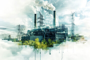 Exploring the harmony of renewable energy elements against a backdrop of white clouds in a sleek, modern collage