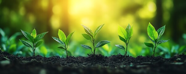 Green plant growing upward from the forest floor in a lush forest, representing thriving success and growth in the business world