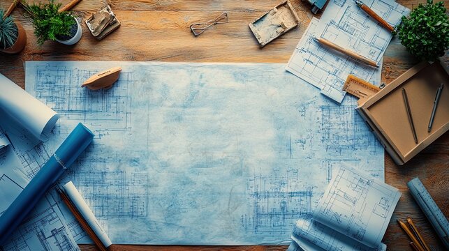 Overhead view of blueprints scattered on an engineer's desk, technical and precise