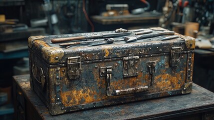 Obraz premium Mechanic toolbox with detailed tools and worn textures, gritty and realistic 