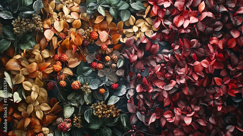 Poster colorful autumn leaves and berries creating a beautiful fall pattern