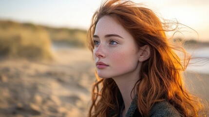 Fototapeta premium A young woman gazes thoughtfully at the sunset by the beach, her flowing red hair illuminated by warm golden light.