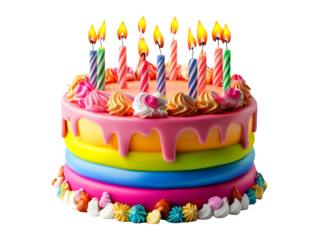 Colorful 3D Plasticine Cake with Lit Candles on Transparent Background