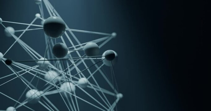 A close up of a bunch of spheres connected by strings. The spheres are all different sizes and colors. Concept of complexity and interconnectedness. Plexus style with copy space. 4k loop animation