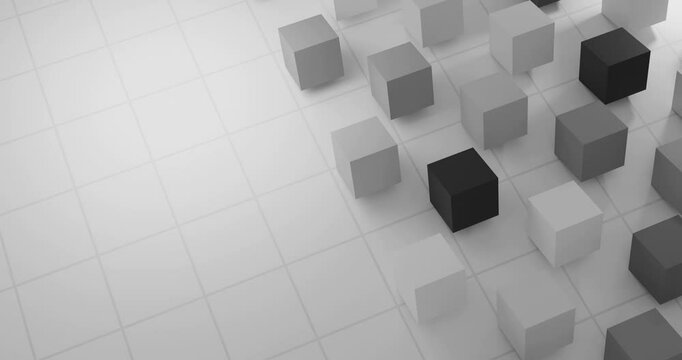 A white background with grayscale cubes rolling on a tile floor. 3D animation. The cubes are arranged in a pattern. The animation has a modern and abstract feel to it