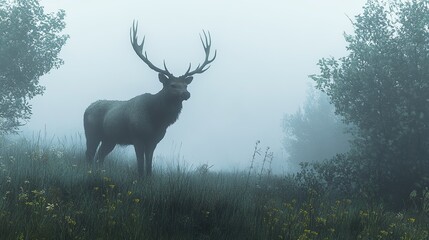 A close-up of a majestic stag with antlers, standing in a misty meadow with fog rolling through.
