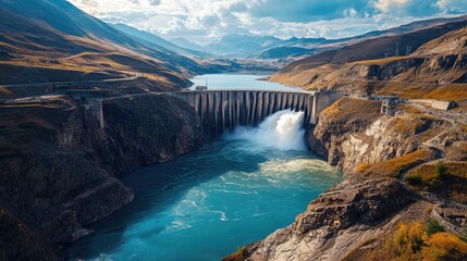 A towering hydroelectric dam set against a rugged mountain landscape, water cascading down