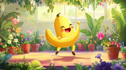 A cute banana-shaped character dancing in the garden, in a cartoon style with bright colors and simple lines. The background is simple, with the character surrounded by flowers and potted plants. 