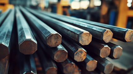 Naklejka premium Collection of sleek steel hexagonal rods displayed on a factory floor showcasing modern industrial design aesthetics