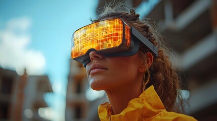 Construction Worker Using Augmented Reality Goggles to View Building Plans on Site