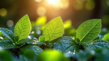 Dew-kissed Green Leaves Glimmering in Soft Morning Light on a Lush Background, Perfect for Nature Themes and Refreshing Imagery in Stock Photography