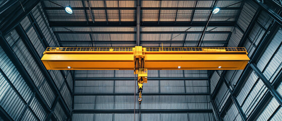 Industrial overhead crane positioned above an expansive hangar floor with sleek steel construction and modern design aesthetics
