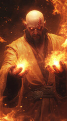 Fototapeta premium powerful sorcerer conjuring fiery spells with intense focus