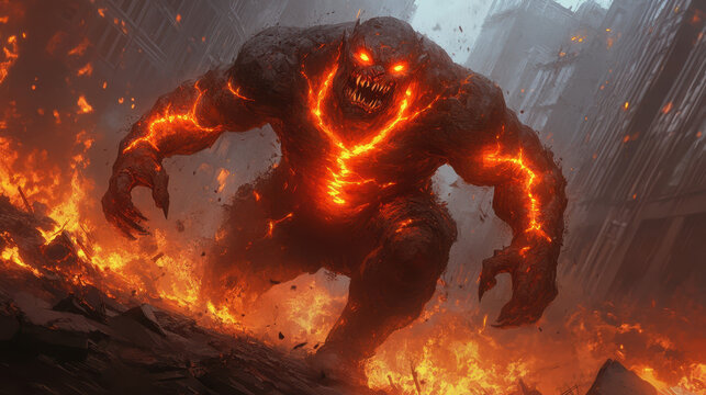 fiery demon with glowing veins and sharp fangs emerges