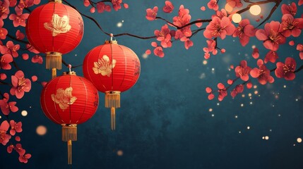 Chinese New Year Celebration: Red Lanterns and Cherry Blossoms