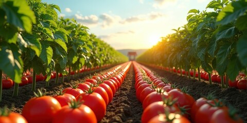 Sun-Drenched Tomato Field: Rows of ripe red tomatoes stretching to the horizon, bathed in the golden light of the setting sun.  A tractor is visible in the distance.