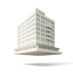 Modern architectural design featuring a sleek white building suspended in air against a minimalistic background, showcasing contemporary urban aesthetics and style