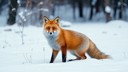 Red fox in the winter forest on the snowy ground. Predatory winter ginger vulpes with winter fur roam a snowy field. Photograph of winter wildlife, animals, and environment. Banner for cards, posters,