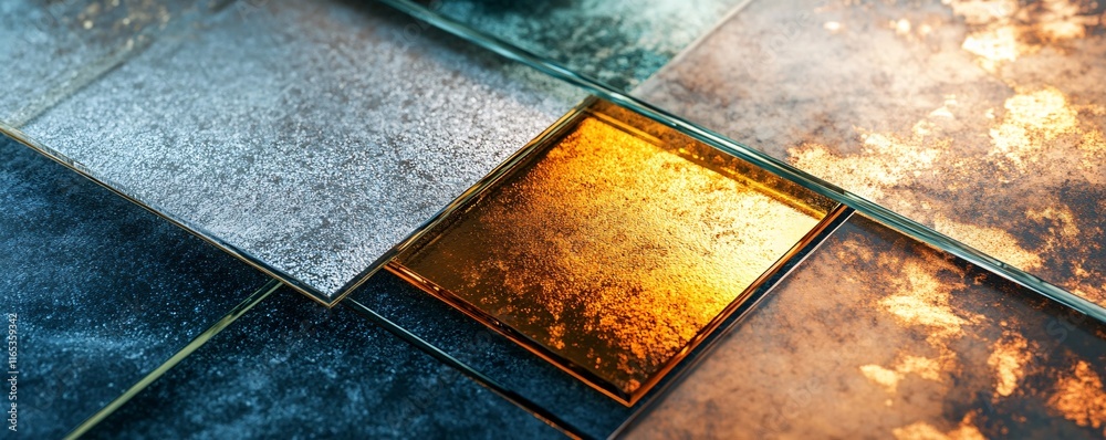 Poster glass sheet covering colorful metallic tiles creating an abstract mosaic