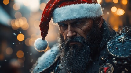 A fierce warrior with a festive Christmas hat stands against a warm glow of holiday lights. He exudes strength and holiday spirit.