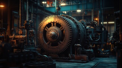 Fototapeta premium Massive industrial machine with exposed gears and chains, dark workshop lighting