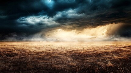 Dramatic sky covering dry grass field at sunset with rays of light