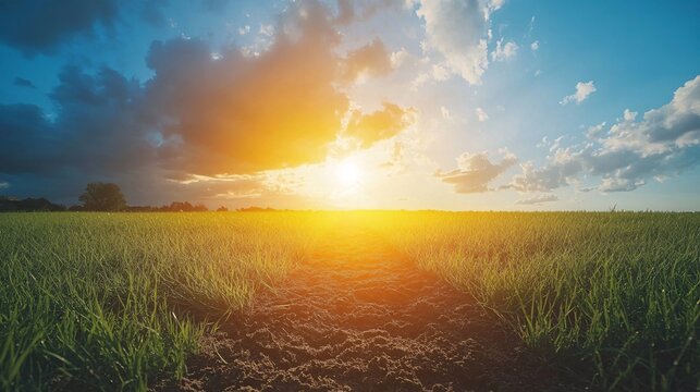 Green grass field at sunset with dramatic cloudy sky - Powered by Adobe