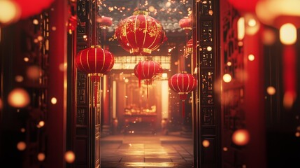Obraz premium Red Lanterns Illuminate Festive Chinese New Year Pathway