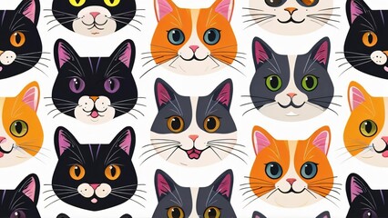 Background with Cute Cat Faces on White Background for World Cat Day: Playful and Adorable Pattern in Minimalist Style