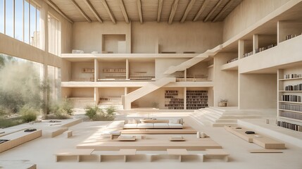 Minimalist Beige House Interior Design Featuring Bookshelves