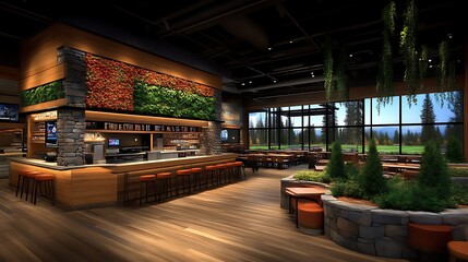 Modern Rustic Bar Design With Living Wall And Golf Course View