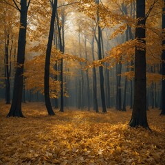 Golden leaves drifting in a magical forest clearing.