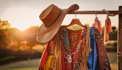A flowy boho dress adorned with floral patterns hangs elegantly beside a fringed suede jacket and wide-brimmed hat. The warm glow of sunset enhances this vintage-inspired setup