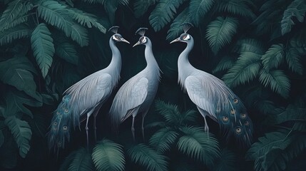 Fototapeta premium Three grey crowned cranes amidst lush tropical foliage, showcasing elegant plumage and serene posture.