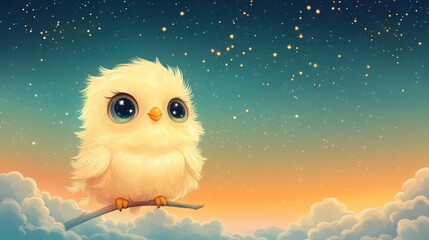 Fototapeta premium A fluffy, light yellow bird with large, curious eyes sits on a small branch, staring up at the twinkling stars scattered across the night sky. 