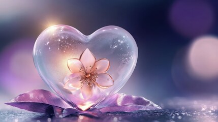 Fototapeta premium A frosted lavender glass heart with a rose gold metallic flower and pinkish leaves beneath, glowing softly on a blurred violet and navy background.