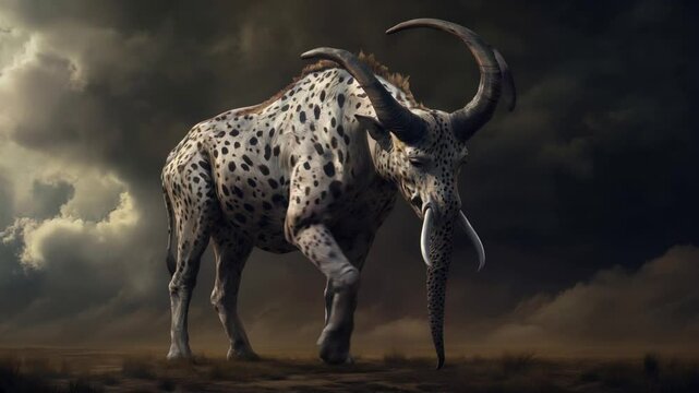 A fantasy creature, a hybrid of an elephant and giraffe with the body covered in cheetah spots, walking against a dark sky, in natural lighting.