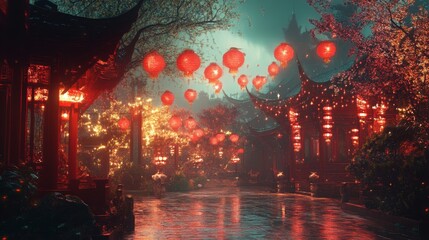 Obraz premium Enchanted Chinese Lantern Pathway: A Rainy Night in the Orient