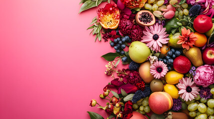 Obraz premium Enchanted Garden Bouquet: A Fusion of Exotic Fruits and Luxurious Florals pink background with copy space