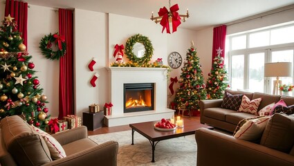 A contemporary living area with a festive Christmas motif with a fireplace as the focal point.