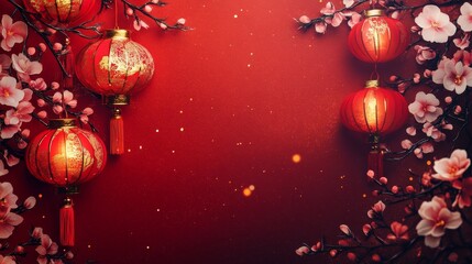 Fototapeta premium Lunar New Year: Red Lanterns and Blossoms